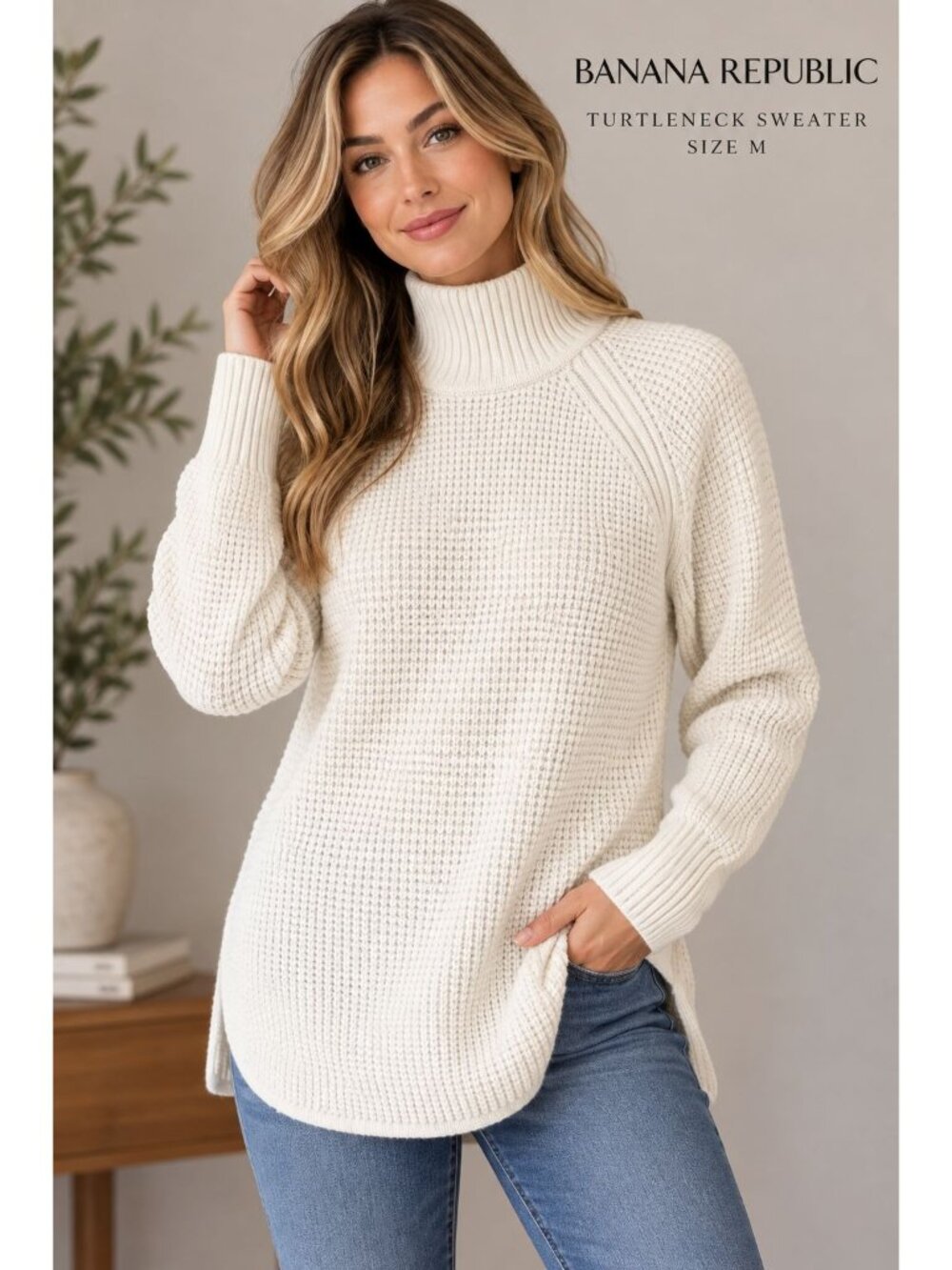 Banana Republic White Turtleneck Long Sleeve Sweater Size M Wool Preppy Casual
